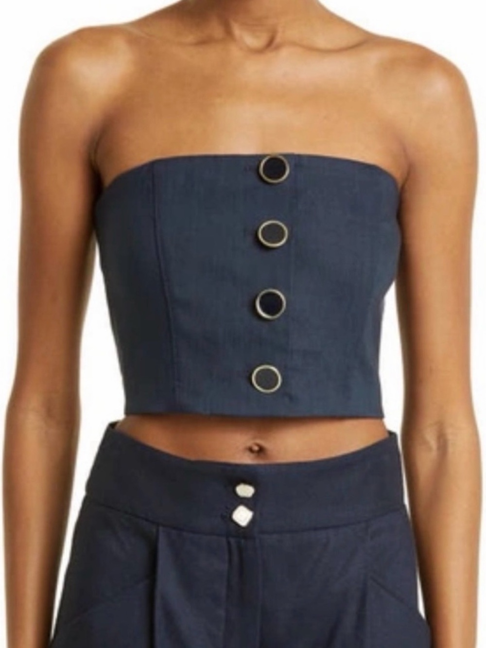 Veronica Beard Navy Strapless Crop Top with Gold Ring Buttons